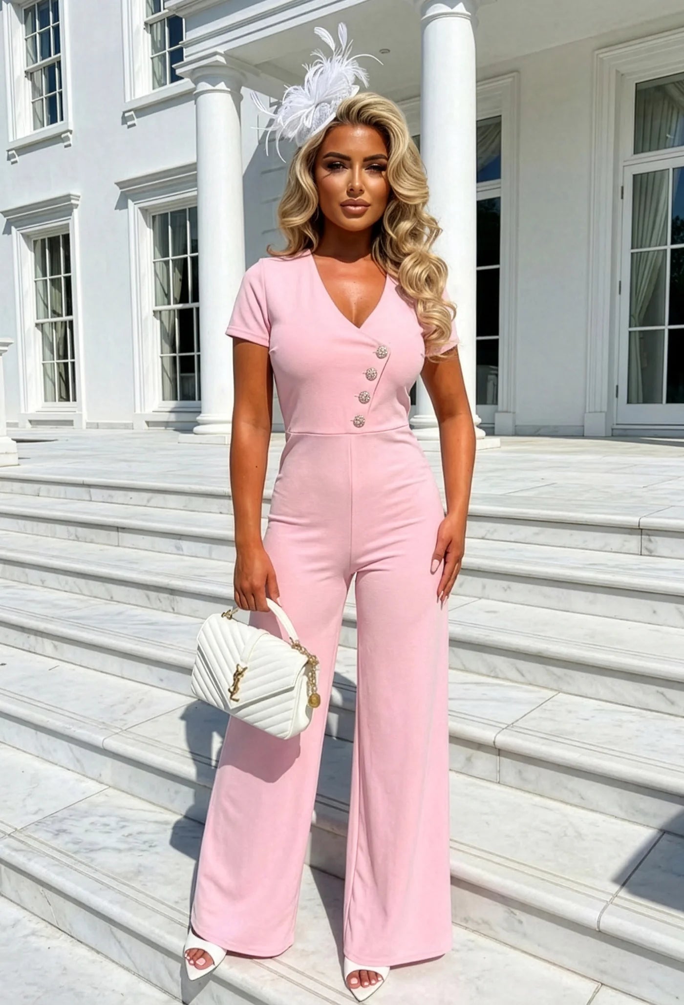You Slay Girl Pink Gold Button Short Sleeve Jumpsuit